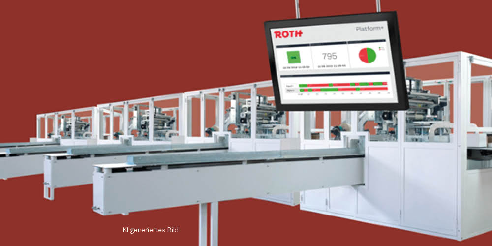 Simulierte Produktionsanlage mit mehreren automatisierten Zellen und Förderbändern. Über der Anlage zeigt ein großer Bildschirm eine digitale Prozessüberwachung mit Echtzeitdaten und Visualisierungen des Produktionsstatus.