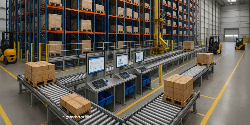 Innenansicht einer modernen Lagerhalle mit Hochregalen. Im Vordergrund stehen drei Monitore zwischen Förderbändern, die den Materialfluss überwachen.